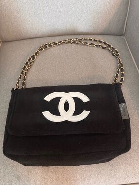 CHANEL Black Suede Shoulder Bag with White CC Emblem
